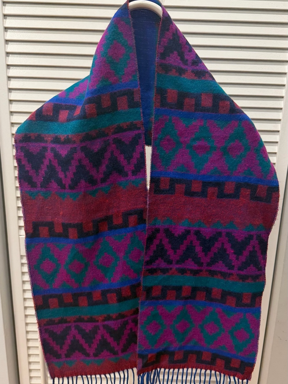 Vintage 80s Made in Italy Geometric Aztec Scarf Magenta Teal Blue Fringe